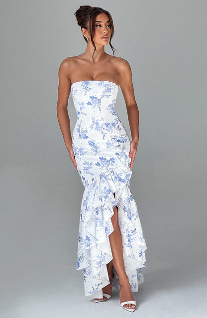 Angelina maxi-jurk - blauwe bloemenprint