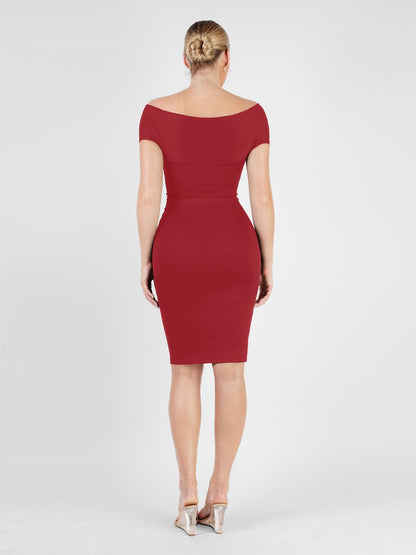 The Shapewear Dress Off Shoulder V-Neck Ruched Midi