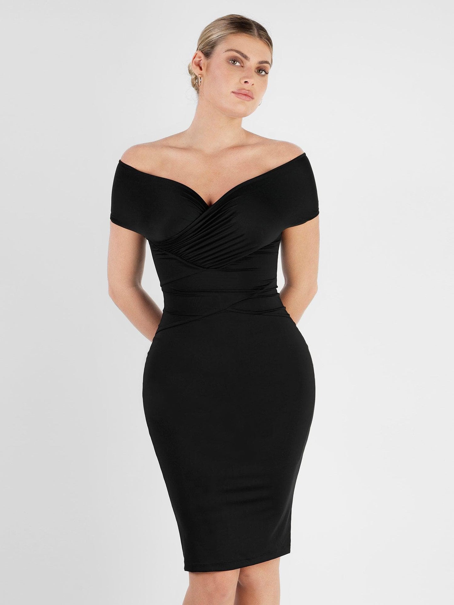 The Shapewear Dress Off Shoulder V-Neck Ruched Midi