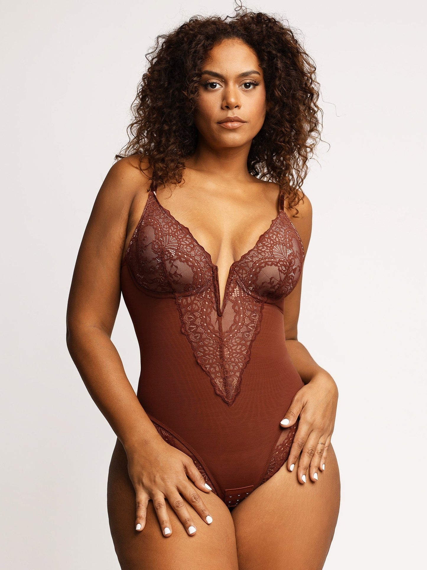 Lace Deep-V Neck Bodysuits Or Leather Skirt