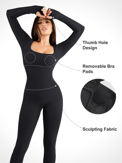 The Shapewear Jumpsuit Seamless Thumb Hole Square Neck Long Sleeve