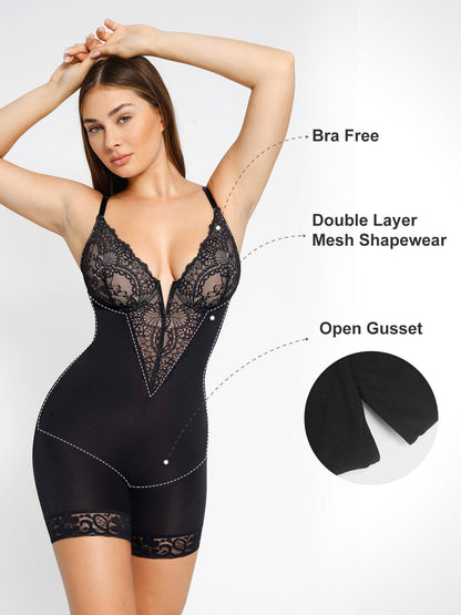 The Shapewear Bodysuits Lace Deep-V Neck Tummy Control Shorts