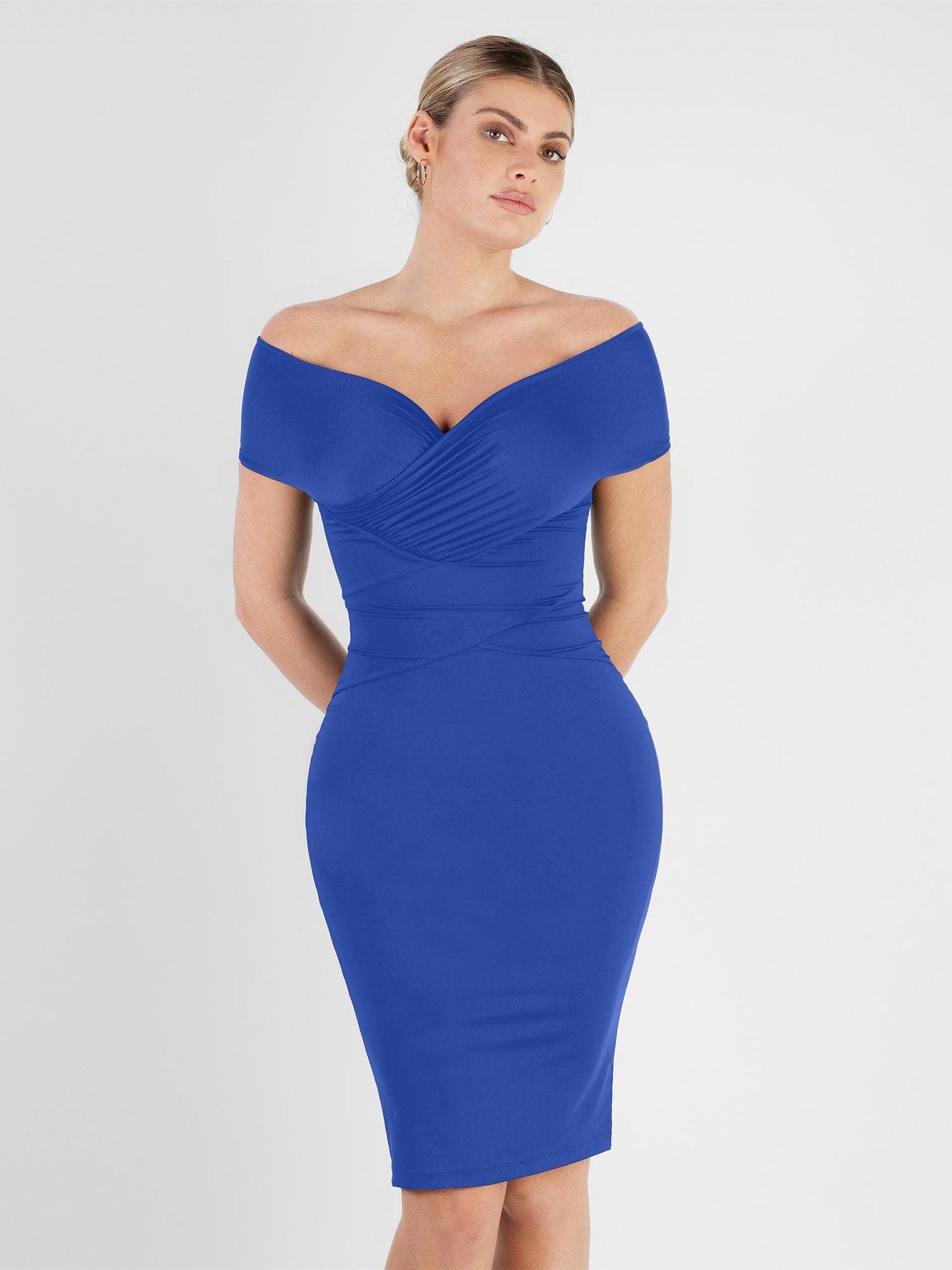 The Shapewear Dress Off Shoulder V-Neck Ruched Midi