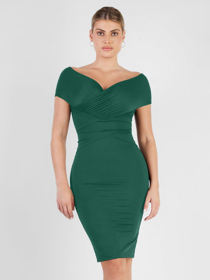 The Shapewear Dress Off Shoulder V-Neck Ruched Midi