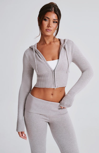 Portia Knit Hoodie - Light Grey Marl