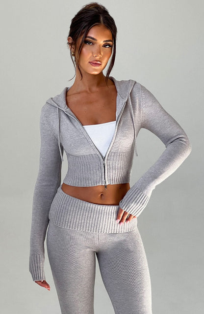 Portia Knit Hoodie - Light Grey Marl